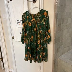 Happy X Nature Kate Hudson Deep Green Peach Floral Tropical Bird Dress Size XXS